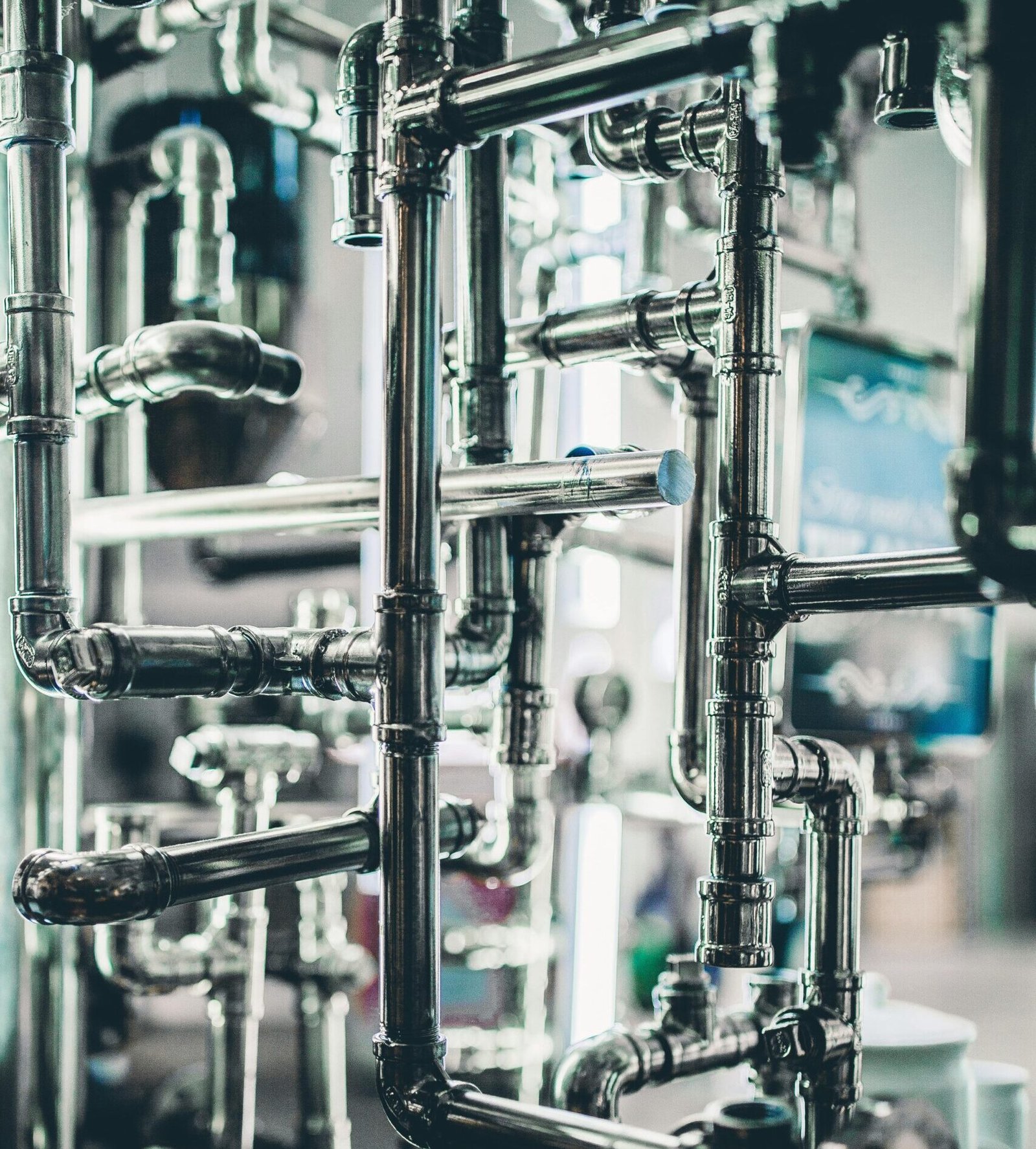 Close-up of complex stainless steel pipes in an industrial setting, showcasing modern engineering.